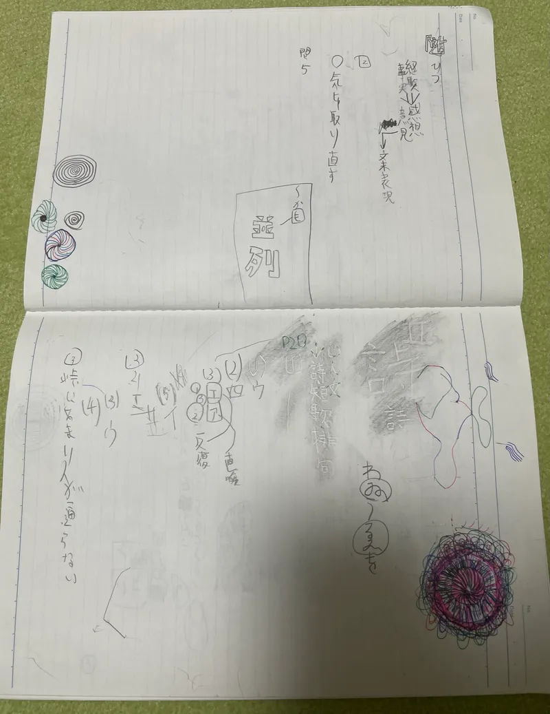 中学受験時の息子のノート。落書きが多く内容がほとんど書けていない