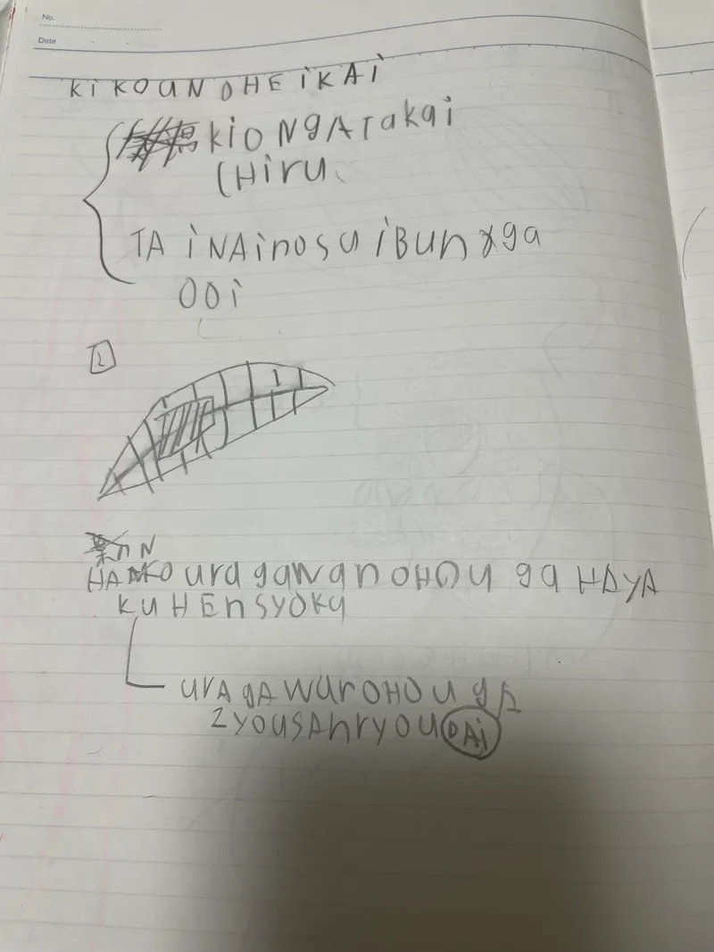 中学受験時の息子のノート。ローマ字で気候の変化を書いているが散漫